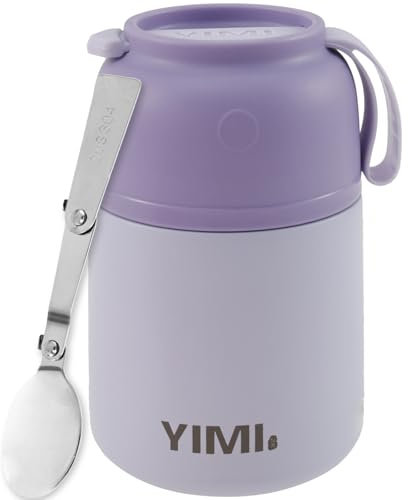 Thermal Food Flask 530ml Soup Flask with Stainless Steel Folding Spoon Thermal Food Container Leakproof Insulated Food Jar Insulated Thermo Soup Jar for Hot Food Keep 12H and Cold 24H(Purple)