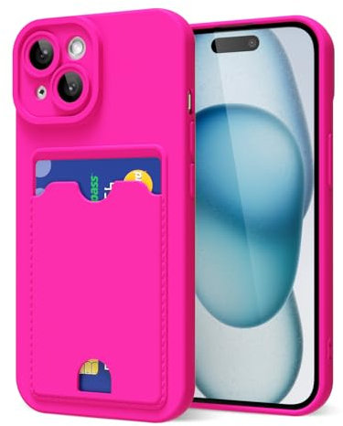 oakxco for iPhone 15 Plus Case with Card Holder, Cute Silicone Wallet Phone Case with Credit Card Slot, Soft Rubber Thin Slim Purse for Women Men with Shockproof Camera Cover Protection, Hot Pink