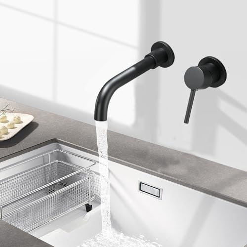 Waschtischarmatur Schwarz Unterputz, Einhebelmischer Waschbecken mit Langem Auslauf (360° Schwenkbar), Unterputz Armatur Waschbecken Wandmontage Wasserhahn Bad Unterputz