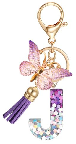 JSRQT Porte-clés Lettre Initiale J, Porte-clés Alphabet en Résine Violettes pour Femme Filles avec Pendentif Papillon et Pompon, Nom Porte-clés Initiale Letter Keyring pour Sac à Main Sac à Dos Charme