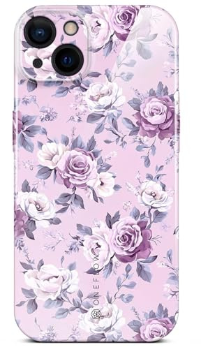 ONEFLOW Flower Cover für iPhone 15 Hülle in Floral Optik, Blumen Designer Case Handy Schutzhülle mit Kameraschutz, Hardcase dünne Handyhülle Blumenmuster, Flieder