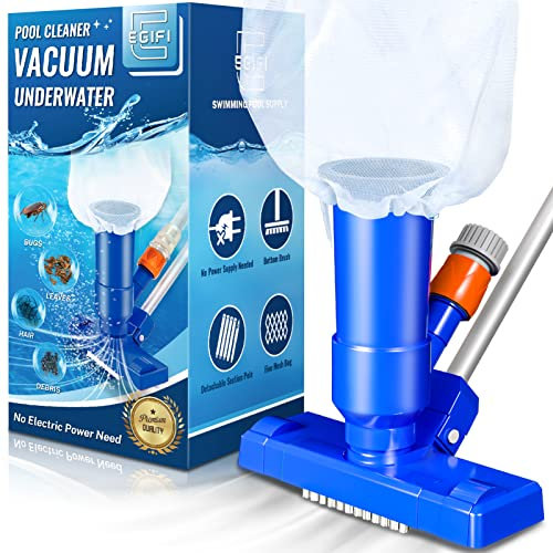 Poolsauger für Aufstellpool mit Nylon-Mesh-Netz, Jet Unterwasserreiniger & 3 Scheuerbürsten, Tragbarer Poolsauger für Schwimmbad Spa Brunnen Teich Whirlpool, Dunkelblau