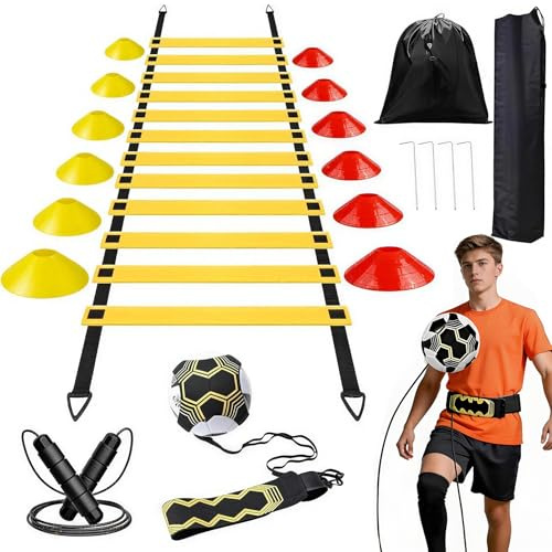 Jiahuade Accessori per allenamento calcio, scala di coordinazione, set di allenamento per calcio, scala di coordinazione con 12 cappelli, allenamento per calcio e corda per saltare, accessori per