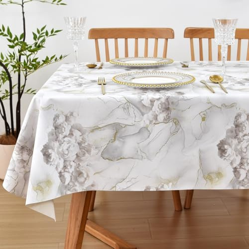 Yofori PVC Table Cloth, White Gold, 137x250cm, Rectangular | Wipe Clean, Marble Floral Pattern, Wipeable Vinyl Waterproof, For Kitchen Dining Outdoor Garden Picnic