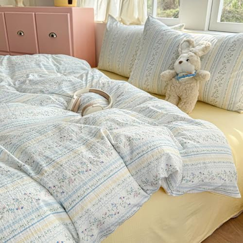 Covebett Duvet Cover Sets Double Size Blue Yellow Flowers Floral Striped Reversible Microfibre Bedding Set Botanical Aesthetic Girls Quilt Cover 200x200 with Zipper Closure and 2 Pillowcase 50x75 cm