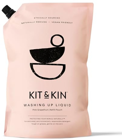 Kit & Kin Eco Washing Up Liquid 1L Refill Pouch | Pink Grapefruit, Plant-based 100% Naturally Derived Ingredients, Vegan & Cruelty Free