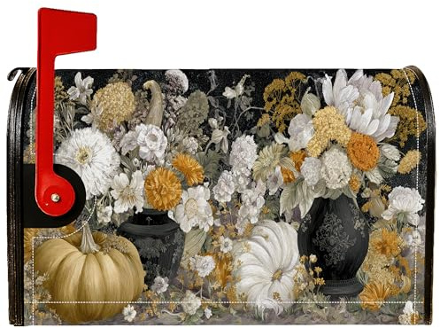 Pumpkin Magnetic Mailbox Covers, Rustic Farmhouse Flower vase Fall Orange Letter Box Cover for Outside Yard Decor 18x21 Inch