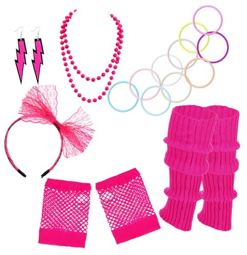 KFHENSOMR 80er Jahre Outfit Damen Set, 6 Stück Retro 90er Kostüm Zubehör | Party Outfit Accessoires, Armband, Stirnband, Blitz-Ohrringe, Fischernetz-Handschuhe, Halskette, Neon Beinwärmer, Rosenrot