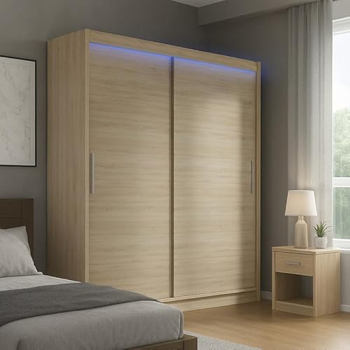Agritrade AK BEGA I 180 Sliding Wardrobe with Hanging Rail and Shelves Sonoma with LED Lights