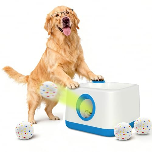 RERBIO Automatic Dog Ball Launcher, Auto/Manual Paw-Activated Dog Ball Thrower, 3 Adjustable Distances Rechargeable Interactive Dog Toy, Indoor Outdoor Self Play Pet Toy with 4 Chew-Resistant Balls