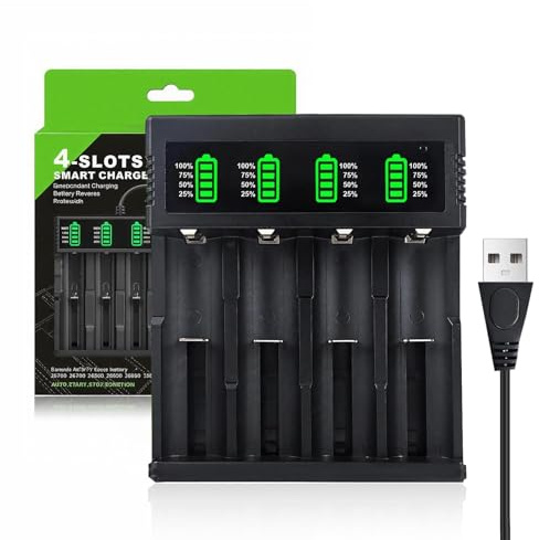 Chargeur Accu 18650 Universel Chargeurs Piles pour 26650 18350 14500 | pour 16340 10440 16340 18650 26700 21700 Li-ION 3,7V, 4 Slots 5V Intelligent Batterie Charge Rechargeable avec Câble USB