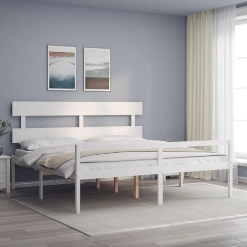 QUAHEAS Seniorenbett Massivholz Weiß Super Kingsize 180x200 cm, Bettrahmen mit Kopfteil, hoher Einstieg, viel Stauraum, Kiefernholz