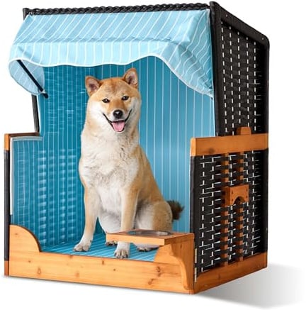 Relaxdays Hundestrandkorb, Rattan, mit Napf, Hundesessel mit Dach, HBT: 95x75x65 cm, Garten & Terrasse, Holz, hellblau