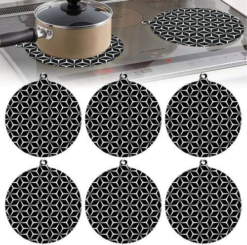 Vurixfo 6 Pcs Induction Hob Protector, 22cm Silicone Induction Cooktop Mat Anti-Slip Heat Insulated Pads Cooktop Scratch Protector Hob Covers for Scuffs and Marks Maintains Conductivity, Black