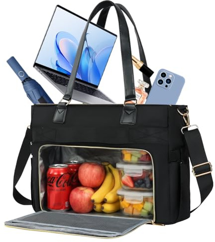 Aolso Bolso de Trabajo para Mujer con Compartimento Refrigerador Aislado, Bolso Ordenador Portatil 15,6 Pulgadas, Maletín para Profesores, BolsoMano de Moda Grande para Oficina, Viajes, Camping, Negro