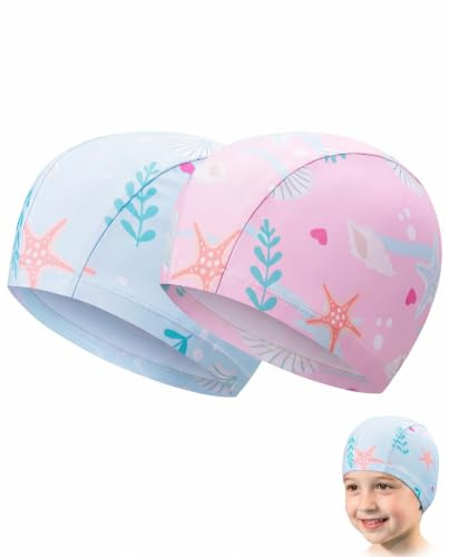 KAKFEL Cuffie da Nuoto per Bambini 2 Pezzi (Blu e Rosa) – Cuffia Piscina in Tessuto Morbido, Aderenza Comoda & Sicura per Bambine e Bambini