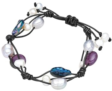 Valero Pearls Damen Armband Echtleder schwarz | Echtlederarmband, Amethyst, lila, Süßwasser-Zuchtperle, ca. 5,0 - 12,0 mm, weiß, Linse, Zugverschluss