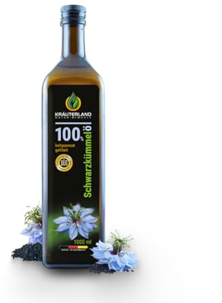 Kräuterland Schwarzkümmelöl 1000ml (1Liter), Gefiltert, Kaltgepresst, 100% Nigella Sativa, ohne Zusatz von Aromen, Frabstoffe & Konservierungsstoffe - direkt aus unsrer hessischen Ölmühle