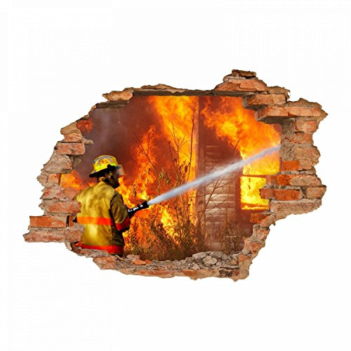 nikima - 054 Wandtattoo Feuerwehrmann - Loch in der Wand Feuerwehr löscht Haus Feuer - in 6 Größen - Coole Kinderzimmer Sticker und Aufkleber Wanddeko Wandbild Junge Mädchen Größe 1750 x 1210 mm