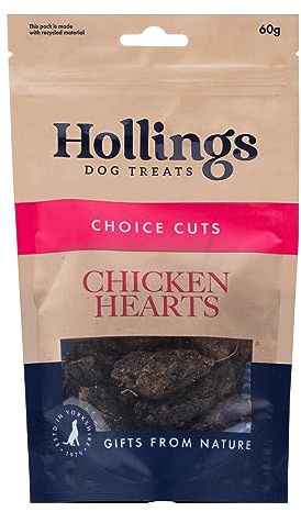 Hollings Chicken Hearts Dog Treats, 100% Natural Air Dried Treats for Adult Dogs, Grain Free & High in Protein (60g)