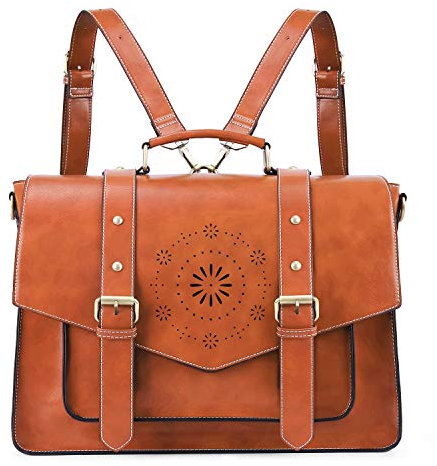 ECOSUSI Sac Cartable Vintage Femme Sac à Dos pour Ordinateur Portable 15,6 Pouces Sacs Bandoulière Sac à Main Malette Bureau, Bandoulière Démontable, Marron, L