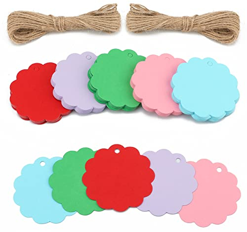 jijAcraft Blumerunde Kraftpapier Geschenkanhänger Bunt: 6CM Papier Anhänger Kommunion 100 Stück Papier Etiketten Hochzeit mit Juteschnur für Gastgeschenke, Kunsthandwerk