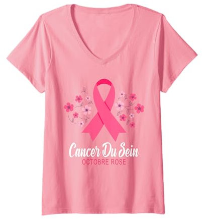 Femme Ruban Rose de sensibilisation au Cancer du Sein d'Octobre T-Shirt avec Col en V