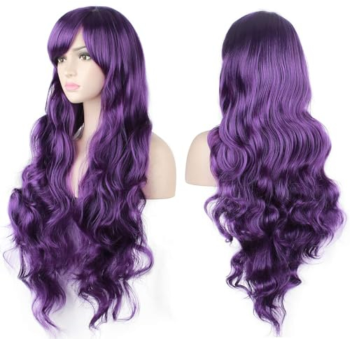 YEESHEDO Dunkel violett Cosplay Perücke für Frauen Langes Gewelltes Haar Synthetische Perücken mit Pony für Halloween Party Kostüm Anime 32 Zoll 80 cm