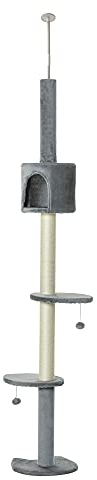 PawHut Árbol Rascador para Gatos Rascador para Fijar al Techo Altura 217 cm con Plataformas Cueva Postes de Sisal Bolas Colgantes Gris Claro
