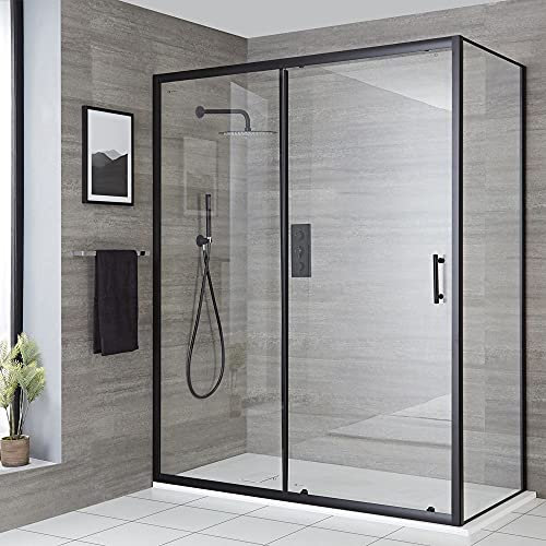 Milano Nero Black Corner Walk in Sliding Door Shower Enclosure White Tray - 1100mm x 700mm
