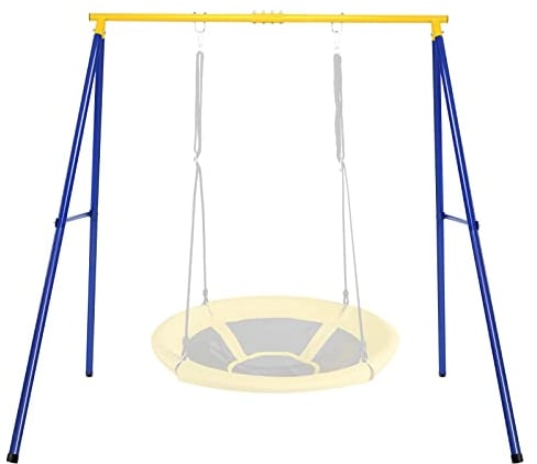 GYMAX Kids Swing Frame, Heavy Duty Metal Swing Stand with Ground Stakes, Garden Single Swing A Frame for Outdoor Indoor, 250kg Weight Capacity (Yellow+Blue)