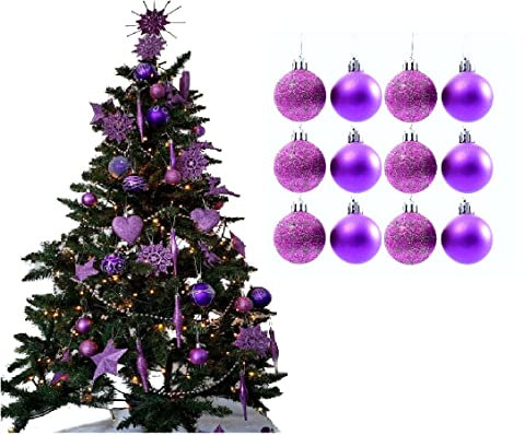 Simply Products Palline decorative per albero di Natale, 3,8 cm, ottime decorazioni da appendere all'albero di Natale, opache e glitterate, confezione da 12-3,8 cm (Lilla opaco e glitterato)