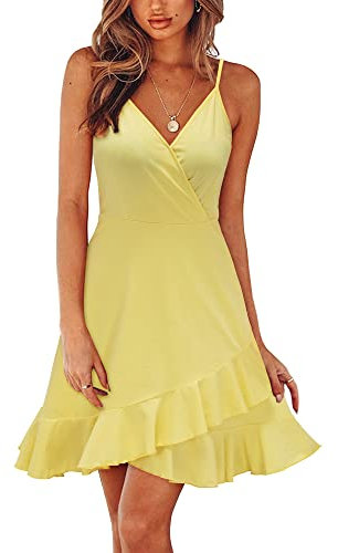 ULTRANICE Robes d'été décontractées pour femme, décolleté en V, volants et bretelles fines réglables, effet cache-cœur, jaune clair, Taille M