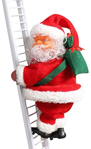 Vimoli Weihnachtsmann Kletterleiter, Elektrische Weihnachtsfiguren Kletternder Santa Weihnachten,Weihnachtsmann auf Leiter, Elektrische Weihnachtsmann Klettern Leiter Puppe Musik Weihnachtsdeko