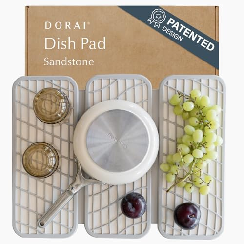 Dorai Home Dish Pad – Collapsible Kitchen Drying Mat – Wrapped in Silicone Webbing to Protect Dishes – Dries Instantly – Modern and Stylish – Minimal Design to Match Any Countertop – Sandstone