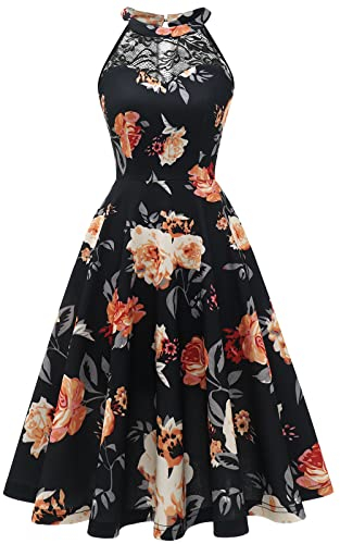 Bbonlinedress Robe de Soirée Cocktail Femme Courte Lingne A Halter Vintage pour Fête Bal Guinguette Anniversaire Mariage invité Black Yellow Rose XL