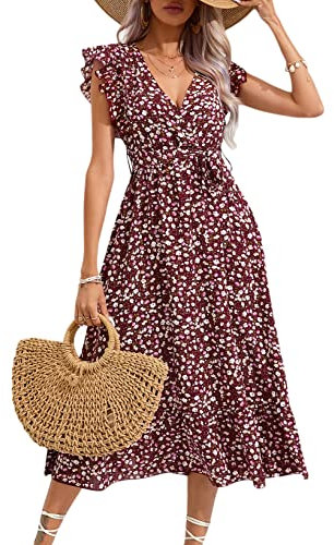 KOJOOIN Damen Sommerkleid Kurzarm Maxikleid Lange Wickelkleid Volant Kleid Rüschen Strandkleid V-Ausschnitt Elegante Blumenkleid mit Gürtel (Verpackung MEHRWEG), A-Blumen-Weinrot, L