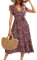 KOJOOIN Damen Sommerkleid Kurzarm Maxikleid Lange Wickelkleid Volant Kleid Rüschen Strandkleid V-Ausschnitt Elegante Blumenkleid mit Gürtel (Verpackung MEHRWEG), A-Blumen-Weinrot, L