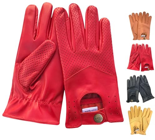 PSS Lederhandschuhe für Herren Fahrstil Klassisch Vintage Retro Perforiert Ohne Futter Ungefütterte Echtes Leder Handschuhe Sommer Winter, Ref 508, Rot Größe L