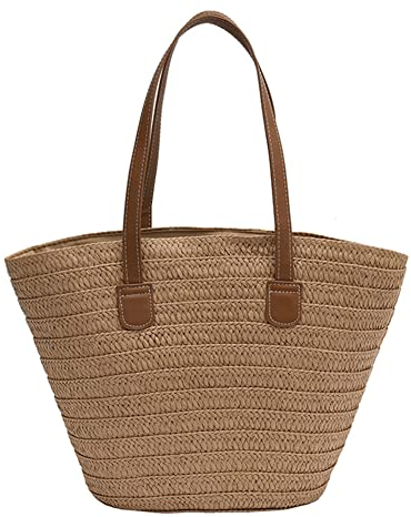 GSenhui Sac à main en paille pour femme - Sac de plage d'été - Grand sac en paille avec bandoulière en cuir - Sac en paille tressé à la main - Style bohème - Sac en raphia tressé pour les voyages, la