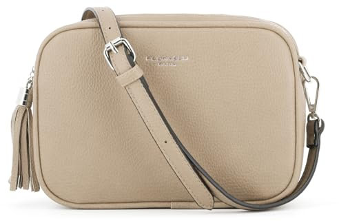 flora & co Sac Caméra Bandoulière Femme Double Zip Frange - Sacoche Porté Epaule Croisé Forme Rectangle - Besace Ville Fourre-Tout Similicuir Grainé - Tendance Mode - Taupe