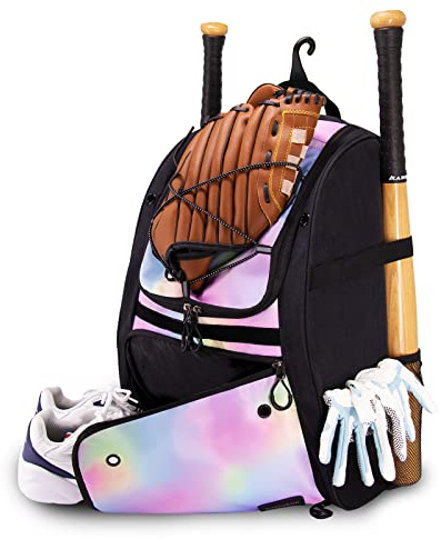 Baseball Bag, Youth Baseball Bag Softball Bat Bag with Vented Shoe Compartment, Baseball Equipment Bag TBall Bat with Fence Hook, for Batting Mitten, Helmet, Teeball Gear Adult Boys Girls Pink