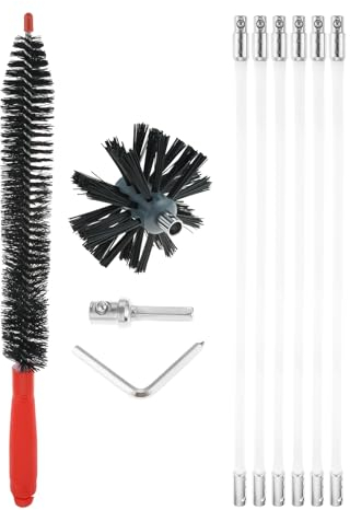 DRELD Chimney Brush Kit, Flexible Nylon Rod Brush Set with 1 Brush Head (4in/Dia.) and 6 Snap-Locking Rods (16in/Per), Home Cleaning Tools for Fireplace, Dryer Vent, Sewage Pipe, Fume Hood, Wood Stove
