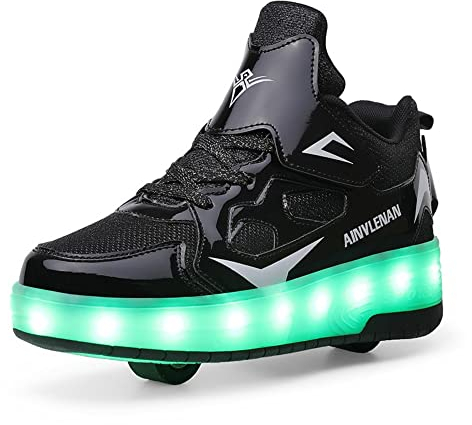 Zapatillas para niños, Zapatillas de Skateboard con Dos Ruedas, luz Ajustable con Cambio de Color, Carga USB, universales para Chicos y Chicas, Negro 33 EU.