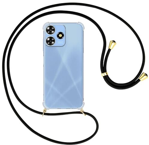mtb more energy® Handykette kompatibel mit ZTE Blade A73 4G - schwarz/Goldfarbene Ösen - Smartphone Hülle zum Umhängen - Anti Shock Full TPU Case