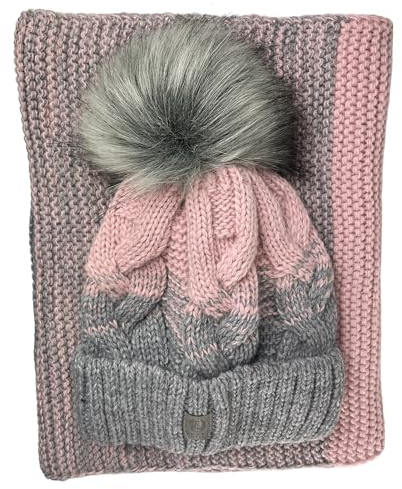 kennydoo Mütze & Schal Set achti I 2 teilig I Damen Kombi - Beanie mit großem Bommel und Loop I kuschelig gestrickt