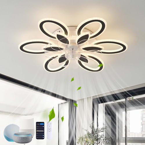69W Ventilador Techo Con Luz Compatible Google Assistant/Alexa , Lámpara Ventilador Techo Flor Diseño Silencioso Regulable, Luz Techo Ventilador Reversible 6 Velocidades Para Dormitorio Salón, Negro