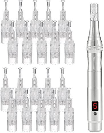JMFBeauty Lot de 22 stylos à micro-aiguilles rechargeables sans fil pour rajeunissement de la peau du visage et du corps avec 22 cartouches de rechange modèle PB1 (argenté)
