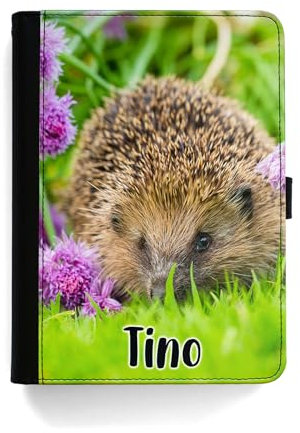 Personalised Initial Universal Case For Amazon and Kindle Tablets, Fire HD 7, 8, 10, Paperwhite, Hedgehog Purple Flower Case with Name 360 Swivel PU Leather Side Flip Folio Cover