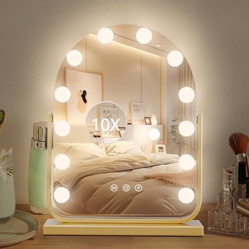 homtang Kosmetikspiegel mit Lichtern, 3 Modi, Licht-Schminkspiegel, Smart-Touch-Steuerung und abnehmbarer Make-up-Spiegel mit 10-facher Vergrößerung, 39 x 29 cm, Tischspiegel, 360° drehbar, goldfarben